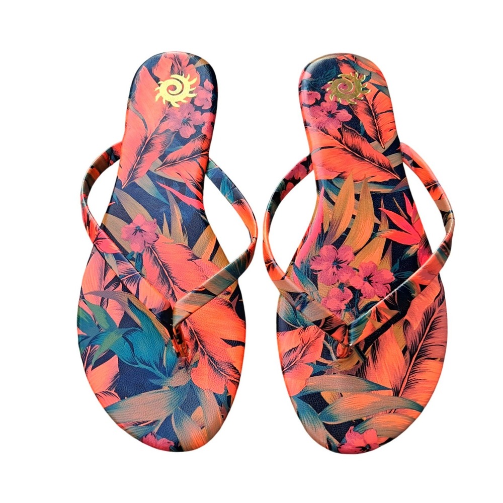 Womens Tropical Floral Print Flip Flop Sandals Coral Pink Navy Size 40